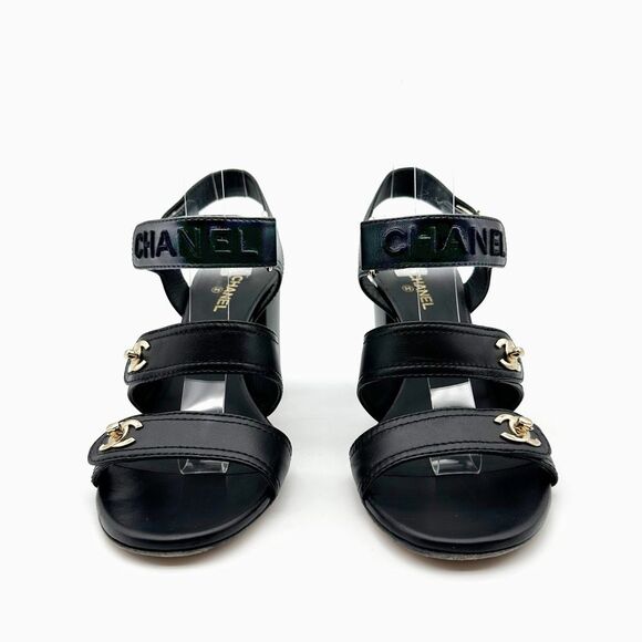 CHANEL 2021 Turnlock Black Slingback Heels Size 39 Interlocking CC Logo Sandals - Picture 5 of 14